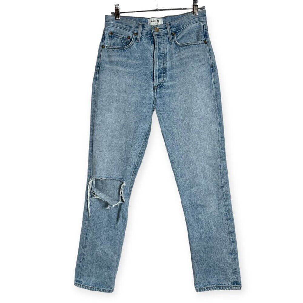 AGOLDE Riley High Rise Straight Crop Jeans WOMENS 25 Light Blue Distressed USA